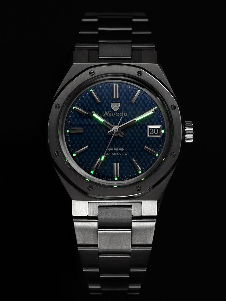 Nivada Grenchen F77 Blue with Date on Bracelet