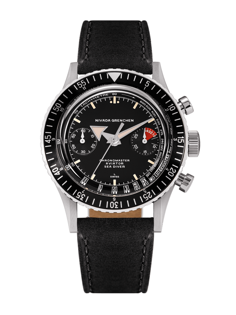 Nivada Grenchen Chronomaster Broad Arrow - Manual Black on Black Leather Strap