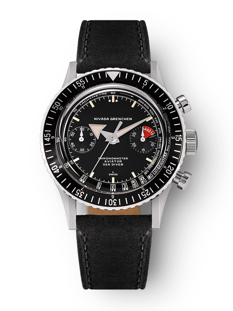 Nivada Grenchen Chronomaster Broad Arrow - Manual Black on Black Leather Strap