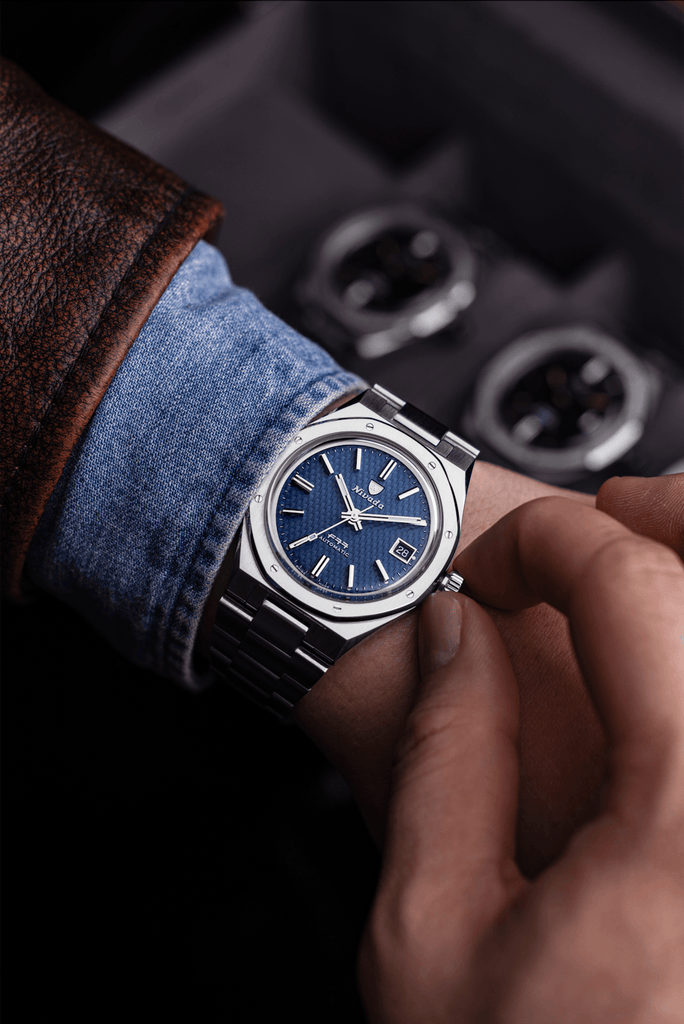 Nivada Grenchen F77 Blue with Date on Bracelet