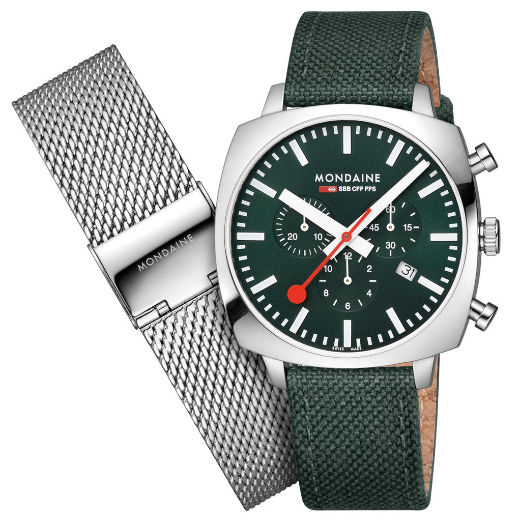 Mondaine Official Swiss Railways Grand Cushion 41mm Forest Green Watch Set